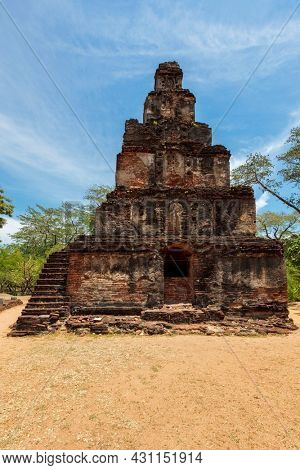 Satmahal Prasada tower 12th century step pyramid in Quadrangle, Polonnaruwa - famous tourist destination and archaelogical site, Sri Lanka