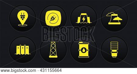 Set Hydroelectric Dam, Nuclear Power Plant, Antenna, Bio Fuel Barrel, Electric Plug, Led Light Bulb 