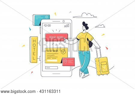 Character Make Hotel Reservation Online Vector Illustration. Find Place For Living Flat Style. Book 