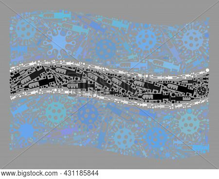 Mosaic Waving Botswana Flag Designed Of Viral And Syringe Elements. Vector Vaccination Mosaic Waving