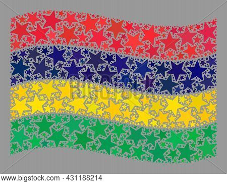 Mosaic Waving Mauritius Flag Designed Of Star Items. Vector Starred Mosaic Waving Mauritius Flag Des