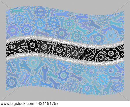 Mosaic Waving Botswana Flag Created With Spanner Items. Vector Cog, Spanner Collage Waving Botswana 