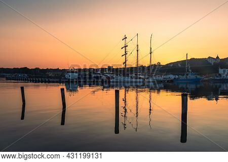 Ships In The Evening In The Port Of Sassnitz On The Island Ruegen, Germany.