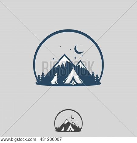 Illustration Design Night Camp Emblem Design With Mountain Landscape. Vector Illustration Eps.8 Eps.