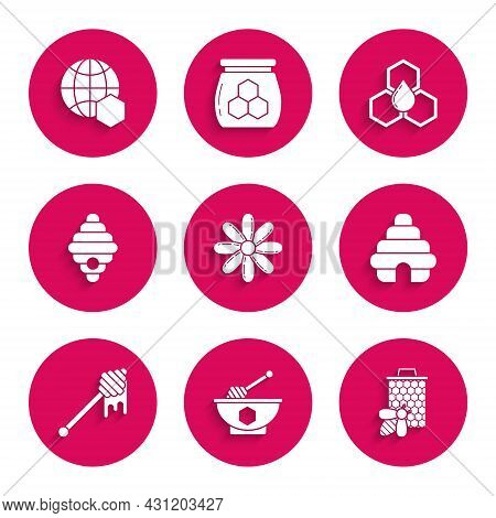 Set Flower, Honey Dipper Stick And Bowl, Bee Honeycomb, Hive For Bees, With Dripping, Honeycomb And 