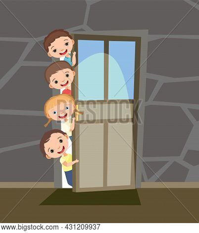 Children Peek In The Door. Opened The Entrance. Funny Kid. View From Inside The Room. Cartoon Style.