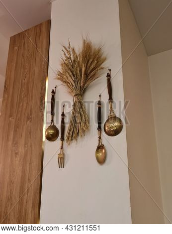 Set Of Antique Old Kitchen Utensils Organize On White Wooden Background