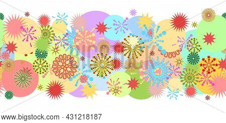 Festive Background. Seamless Picture. Colorfull Party. Bright Flashes Of Fireworks In A Symbolic Sty