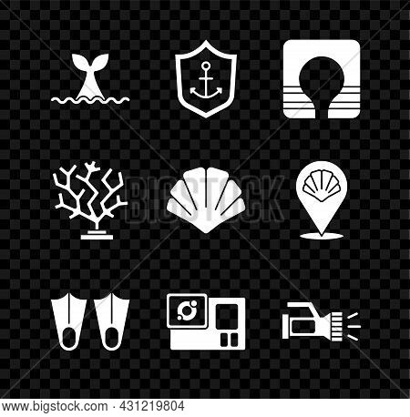 Set Whale Tail In Ocean Wave, Anchor Inside Shield, Life Jacket, Rubber Flippers, Action Camera, Fla