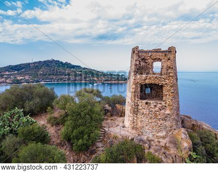 San Gemiliano Fortress Tower On The Rocky Coast On The Blue Sea. Sardinia, Italy. City Of Arbatax.