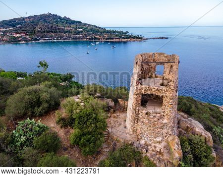 San Gemiliano Fortress Tower On The Rocky Coast On The Blue Sea. Sardinia, Italy. City Of Arbatax.