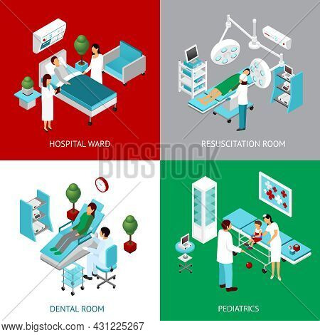 Hospital Departments And Resuscitation Room With Healthcare Professional And Patients 4 Isometric Ic