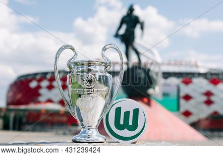 June 14, 2021 Wolfsburg, Germany. The Emblem Of The Football Club Vfl Wolfsburg And The Uefa Champio