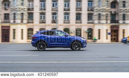 Jaguar E-pace X540 Is Driving On High Speed In Front Of Classic Vintage Building. Moscow, Russia - J