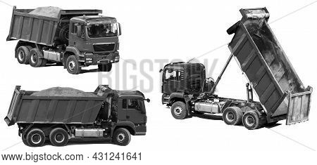 Dump Trucks Transport And Empty The Earth From The Body. Set Of Dump Trucks In Different Angles Isol