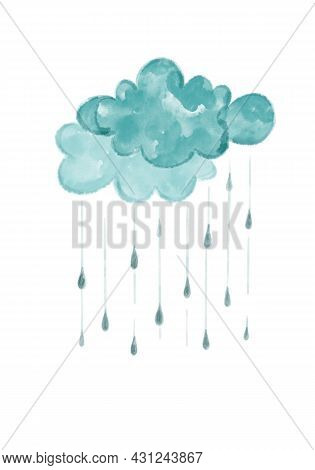 Rain Drops Falling From The Cloudy Sky. Watercolor Illustrationon White Background