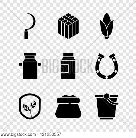 Set Sickle, Bale Of Hay, Corn, Shield With Leaf, Full Sack, Bucket, Can Container For Milk And Paper