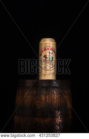 Can Of Birra Moretti Beer On Wooden Barrel With Dark Background. Illustrative Editorial Photo Buchar