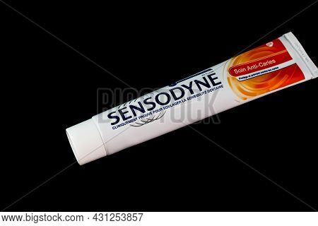 Sensodyne Toothpaste Tube On Black Background. Bucharest, Romania, 2021