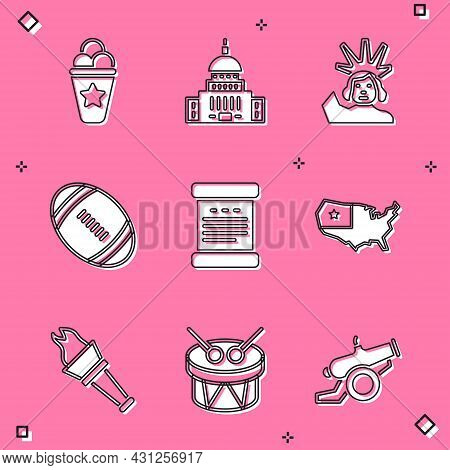 Set Ice Cream In Waffle Cone, White House, Statue Of Liberty, American Football Ball, Declaration In