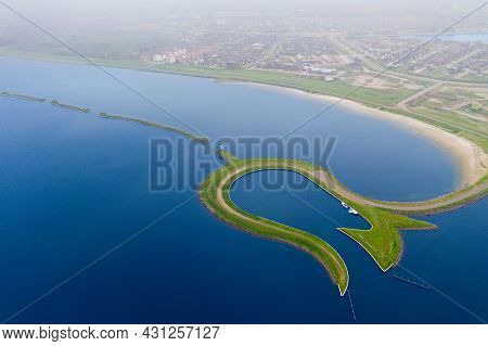 Aerial View From The Drone Of Manmade Tulip Island Tulpeiland Zeewolde, Netherlands.