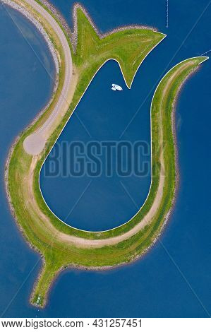 Aerial View From The Drone Of Manmade Tulip Island Tulpeiland Zeewolde, Netherlands.