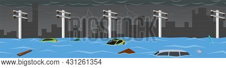 Flood Natural Disaster In Cartoon City. Windstorm From The Heavy Rain Storm Caused Severe Flooding. 