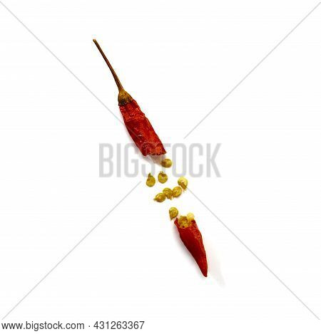 Dry Red Hot Chili Peppers On White Background