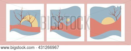Set Of Abstract Modern Landscape Posters. Vector Background Collage Art.