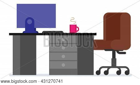 Home Or Office Desk With Pedestal Drawer, Castors Chair, Computer And Coffee Cup. Flat Style Work Ta