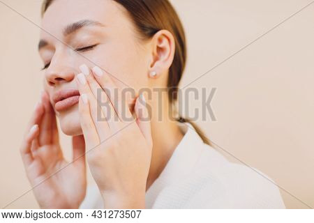 Young Woman Doing Face Yoga Building Facial Gymnastics Self Massage