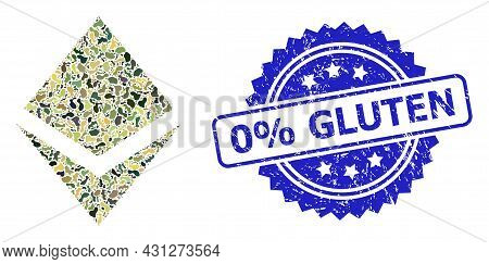 Military Camouflage Collage Of Crystal, And 0 Percent Gluten Textured Rosette Stamp Seal. Blue Stamp