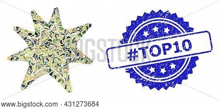 Military Camouflage Composition Of Exploding Boom, And Hashtag Top10 Dirty Rosette Stamp Seal. Blue 