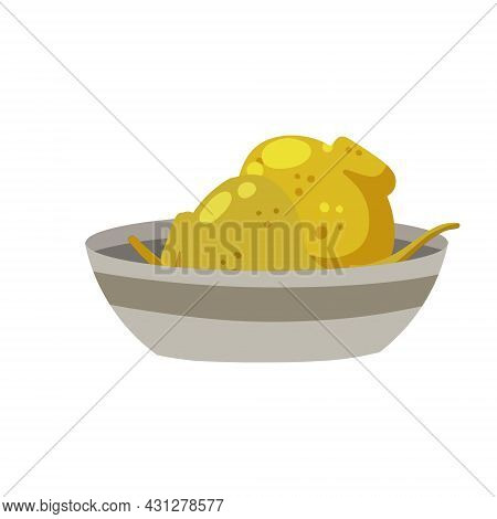 Maca Or Peruvian Ginseng. Yellow Vegetable In Bowl. Turnip Root. Flat Cartoon Of Harvesting.
