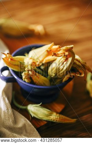 Fresh Close Up Zucchini Flowers At The Kitchen, Delicious
