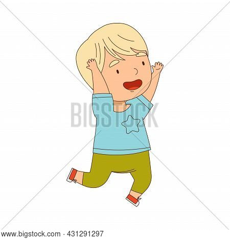 Cheerful Little Boy Running And Rushing At Full Speed Vector Illustration