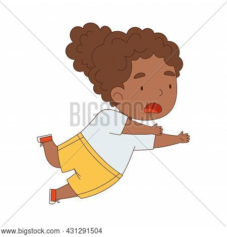Cute African American Girl Tumbling Over And Stumbling While Running And Rushing At Full Speed Vecto