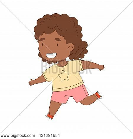 Cheerful Little African American Girl Running And Rushing At Full Speed Vector Illustration