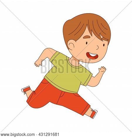 Cheerful Little Boy Running And Rushing At Full Speed Vector Illustration
