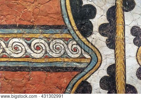 Ancient Greek Fresco Background, Beautiful Wall Ornament Painting. Detail Of Color Hellenistic Patte
