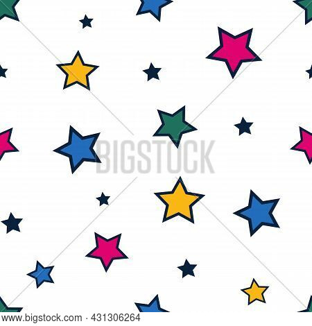 Abstract Background Seamless Pattern Tile With Bright Colorful Stars On White Vector. Geometric Shap
