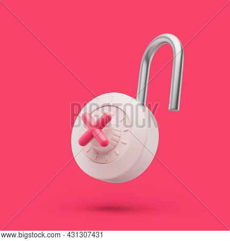 Padlock Unlocked Icon With Red Cross Simbol Simple 3d Render Illustration On Green Background