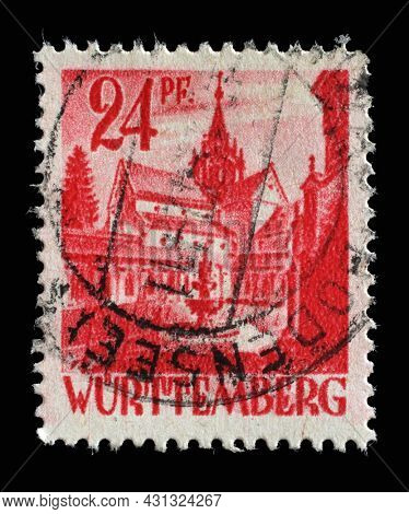 ZAGREB, CROATIA - JUNE 22, 2014: Stamp printed in Germany, French Occupation of Wurttemberg shows Bebenhausen Abbey, circa 1947