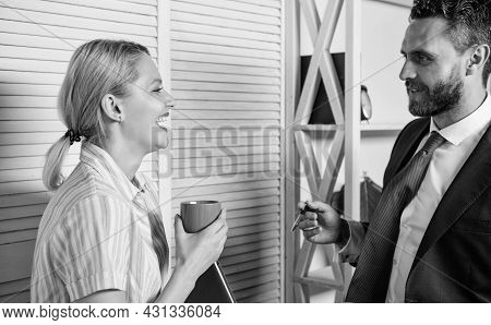 Business Couple. Handsome Man Speaking Cute Woman In Office. Office Life. Ceo And Employee. Business