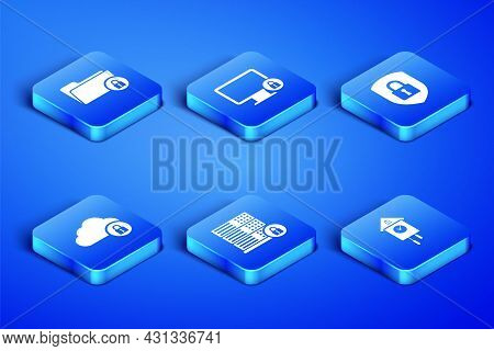 Set Retro Wall Watch, Folder And Lock, Server Security With, Cloud Computing, Lock On Monitor And Sh
