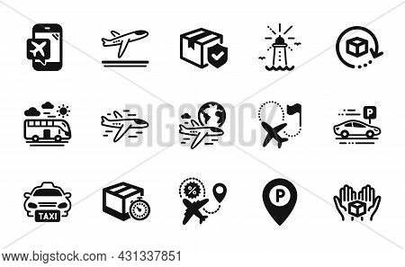 Vector Set Of International Flight, Parking And Lighthouse Icons Simple Set. Hold Box, Airplane And 