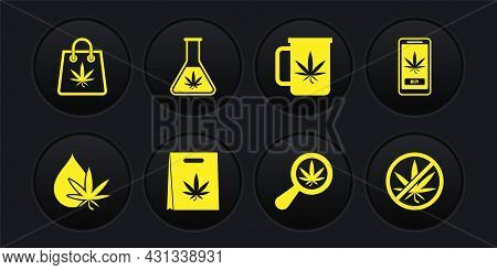 Set Marijuana Or Cannabis Leaf Oil, Online Buying Marijuana, Shopping Bag Of, Magnifying Glass And, 