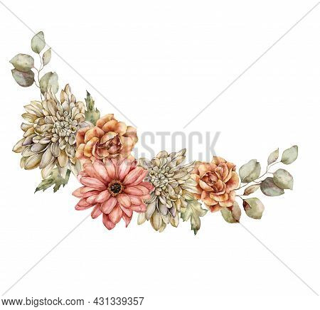 Watercolor Autumn Bouquet Of Aster, Dahlia, Rose And Leaves. Hand Painted Meadow Flowers Isolated On