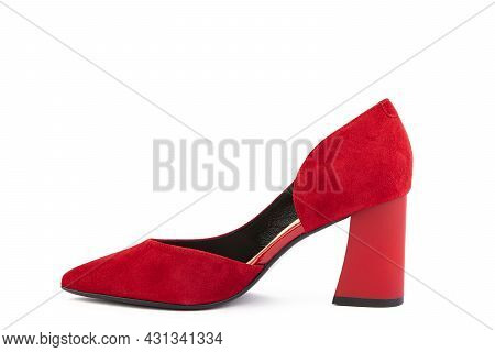 Classic And Elegant Suede High-heeled Women Shoes. Stylish Red Shoes On High Block Heels And With A 