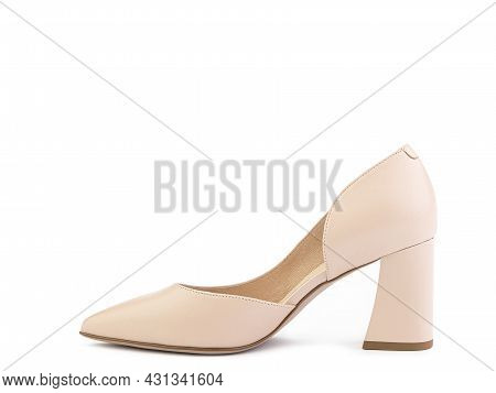 Classic And Elegant Suede High-heeled Women Shoes. Stylish Beige Shoes On High Block Heels And With 